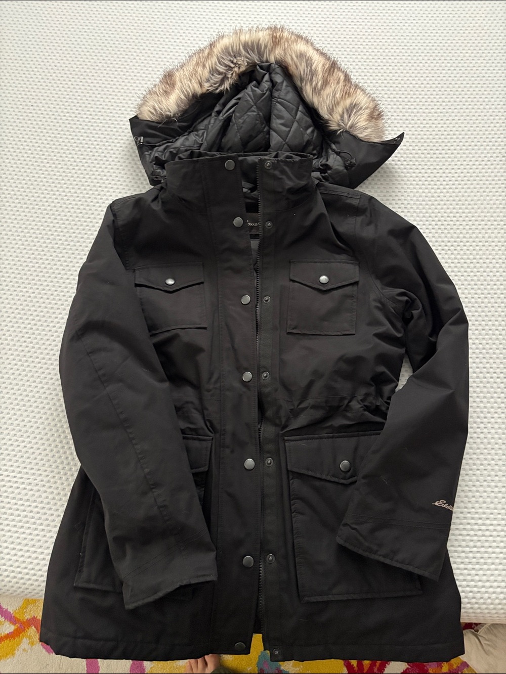 Eddie Bauer Black Hooded Utility Parka with Faux-Fur Trim